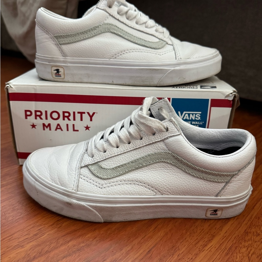 Vans x USPS Priority Mail Old Skool White Leather + Denim Sneakers, Size 6 Women